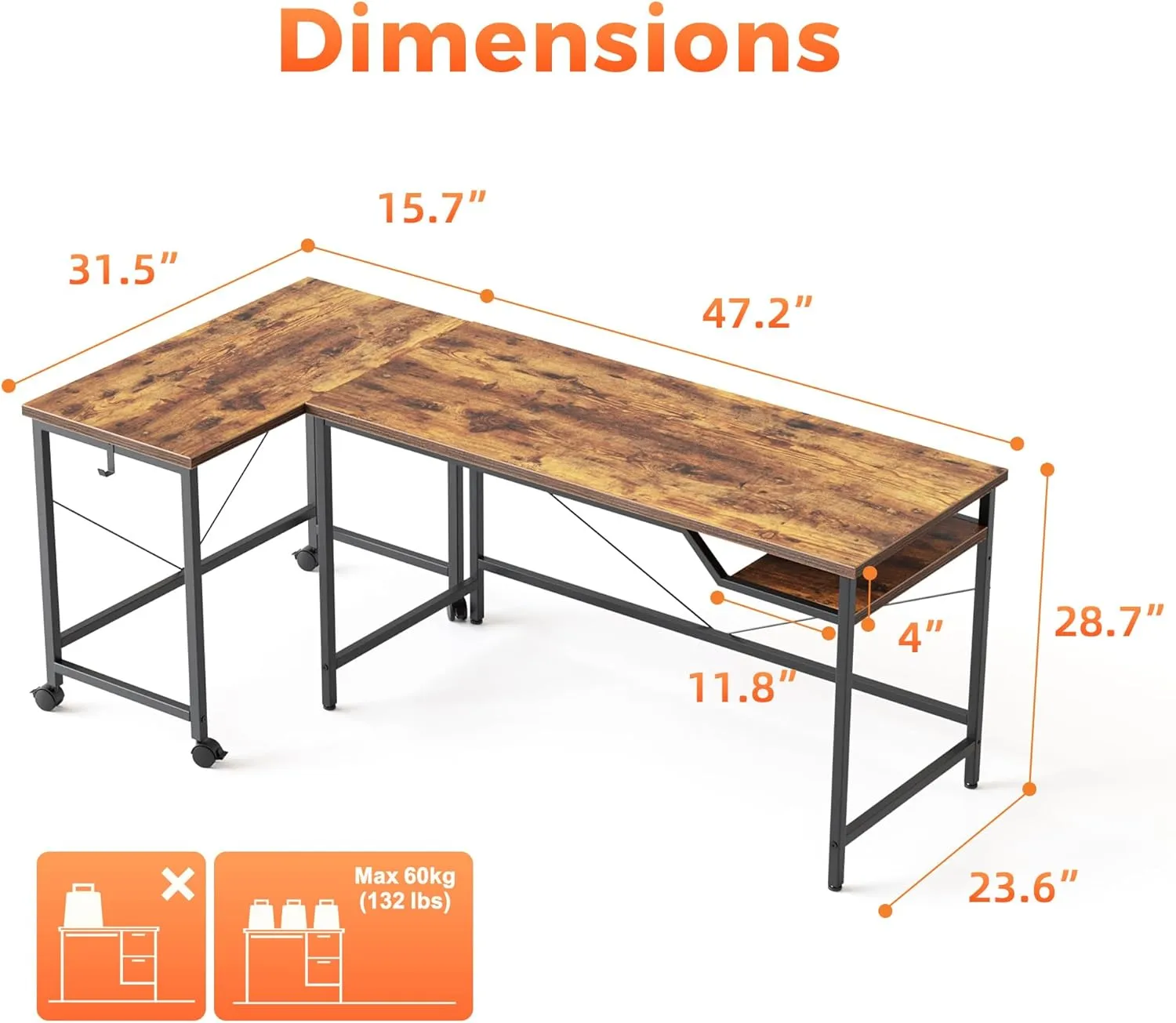 Versatile 2-in-1 L-Shaped Computer Desk, Modular Gaming Desk 63inch, Modern Simple Style Table for Home Office, Study Student Writing Table (Rustic Brown, 48in Basic  32in Rolling)
