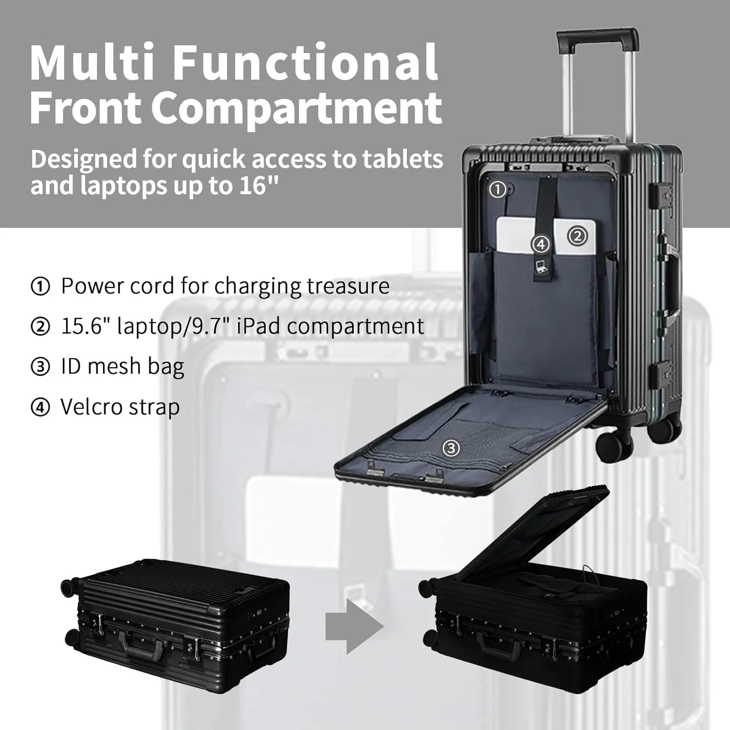 Versatile Aluminum Frame Carry-On Luggage with USB Charging Port, Front Compartment, TSA Lock, Airline Approved Carry On Hardside Suitcase with Spinner Wheels (Black, 20inch)