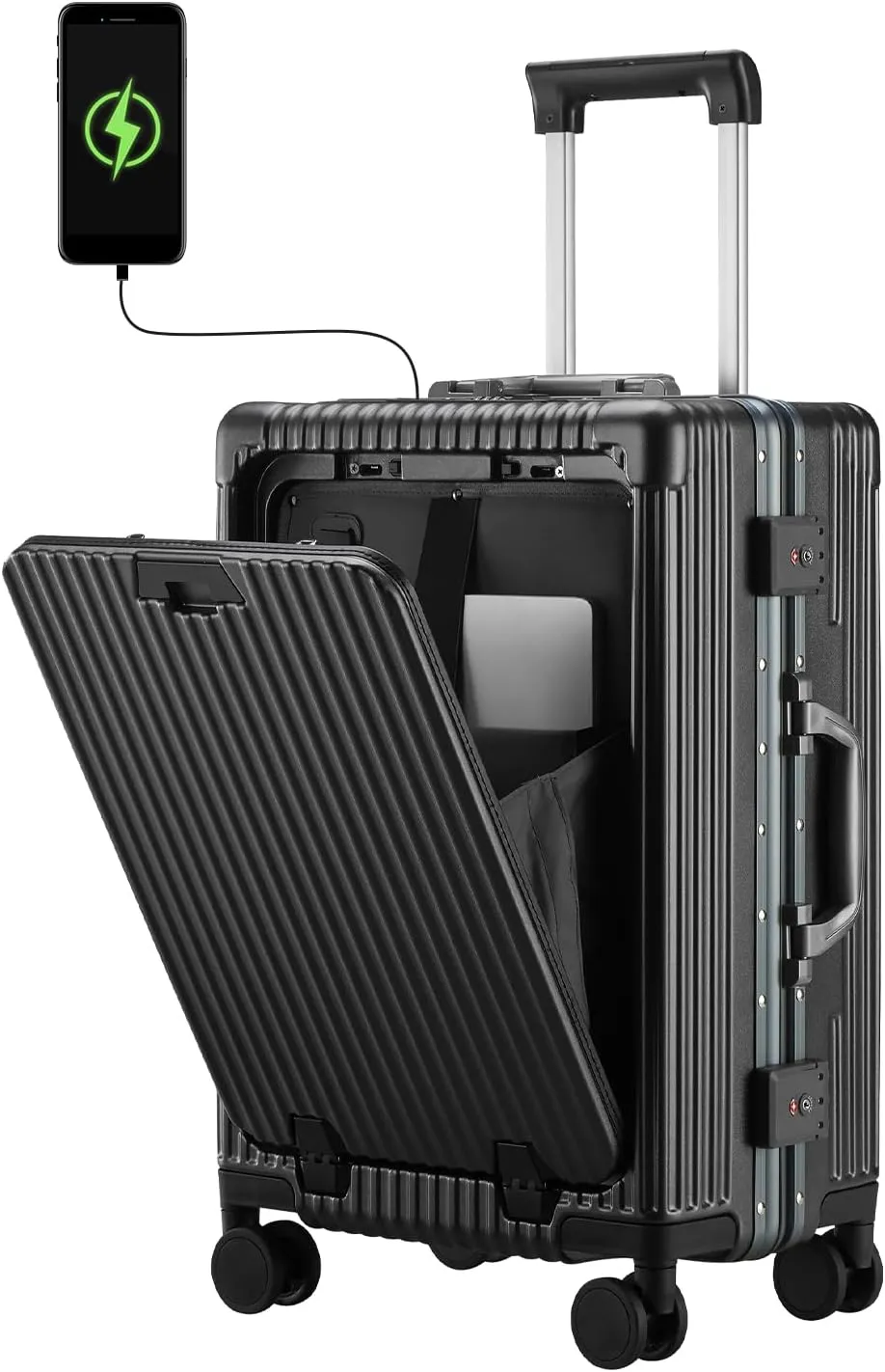 Versatile Aluminum Frame Carry-On Luggage with USB Charging Port, Front Compartment, TSA Lock, Airline Approved Carry On Hardside Suitcase with Spinner Wheels (Black, 20inch)