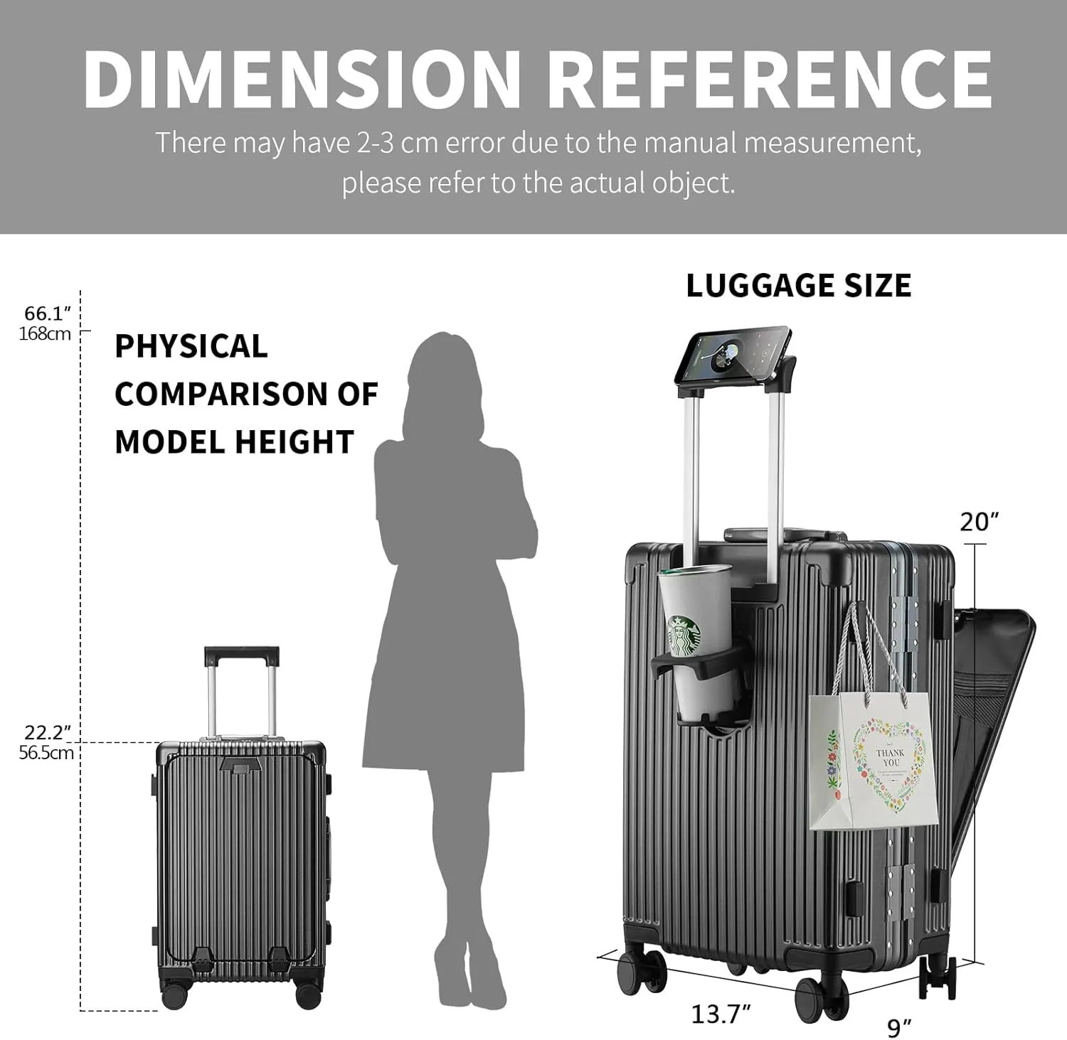 Versatile Aluminum Frame Carry-On Luggage with USB Charging Port, Front Compartment, TSA Lock, Airline Approved Carry On Hardside Suitcase with Spinner Wheels (Black, 20inch)
