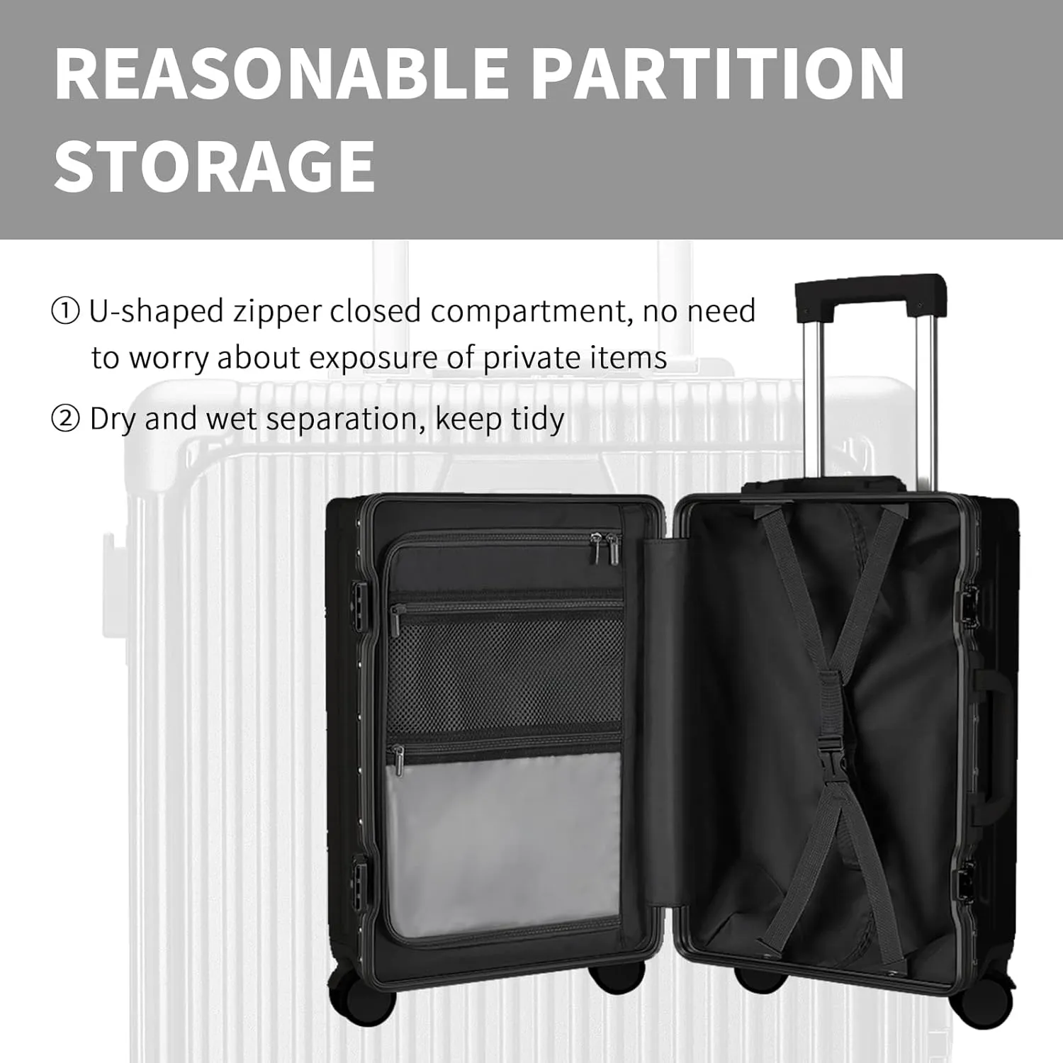 Versatile Aluminum Frame Carry-On Luggage with USB Charging Port, Front Compartment, TSA Lock, Airline Approved Carry On Hardside Suitcase with Spinner Wheels (Black, 20inch)