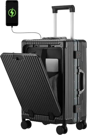 Versatile Aluminum Frame Carry-On Luggage with USB Charging Port, Front Compartment, TSA Lock, Airline Approved Carry On Hardside Suitcase with Spinner Wheels (Black, 20inch)