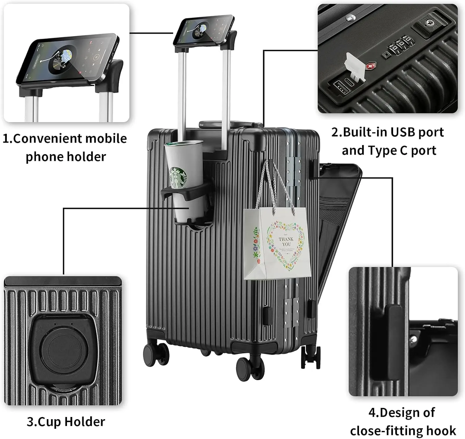 Versatile Aluminum Frame Carry-On Luggage with USB Charging Port, Front Compartment, TSA Lock, Airline Approved Carry On Hardside Suitcase with Spinner Wheels (Black, 20inch)