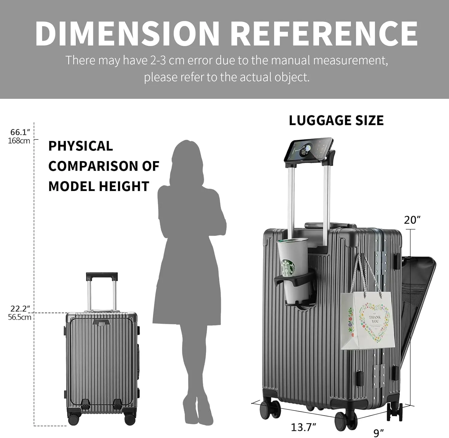 Versatile Aluminum Frame Carry-On Luggage with USB Charging Port, Front Compartment, TSA Lock, Airline Approved Carry On Hardside Suitcase with Spinner Wheels (Grey, 20inch)