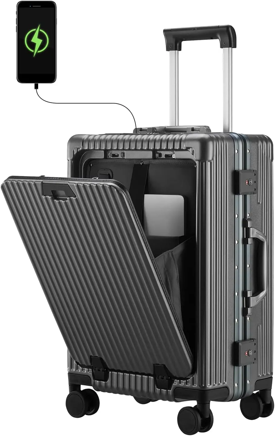 Versatile Aluminum Frame Carry-On Luggage with USB Charging Port, Front Compartment, TSA Lock, Airline Approved Carry On Hardside Suitcase with Spinner Wheels (Grey, 20inch)