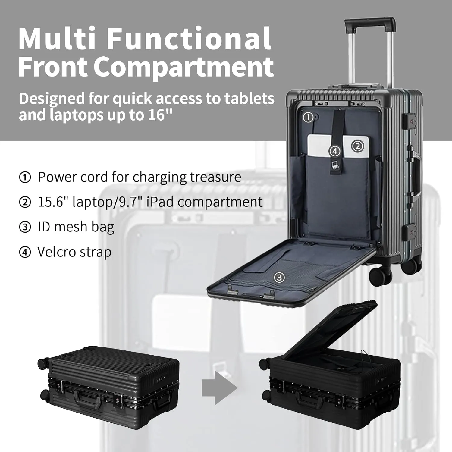 Versatile Aluminum Frame Carry-On Luggage with USB Charging Port, Front Compartment, TSA Lock, Airline Approved Carry On Hardside Suitcase with Spinner Wheels (Grey, 20inch)