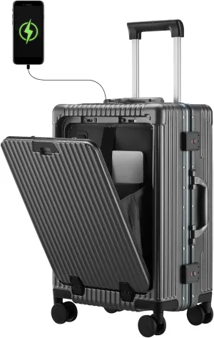 Versatile Aluminum Frame Carry-On Luggage with USB Charging Port, Front Compartment, TSA Lock, Airline Approved Carry On Hardside Suitcase with Spinner Wheels (Grey, 20inch)