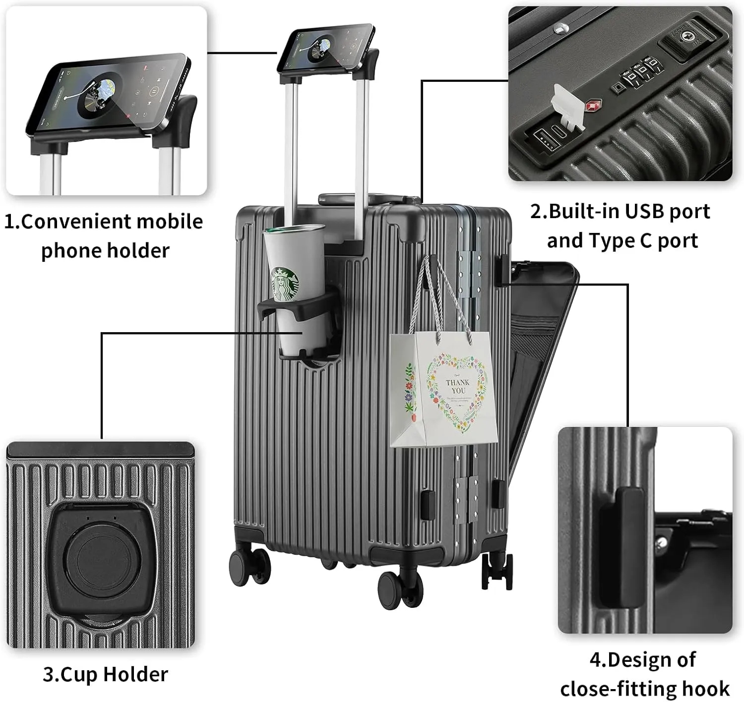 Versatile Aluminum Frame Carry-On Luggage with USB Charging Port, Front Compartment, TSA Lock, Airline Approved Carry On Hardside Suitcase with Spinner Wheels (Grey, 20inch)
