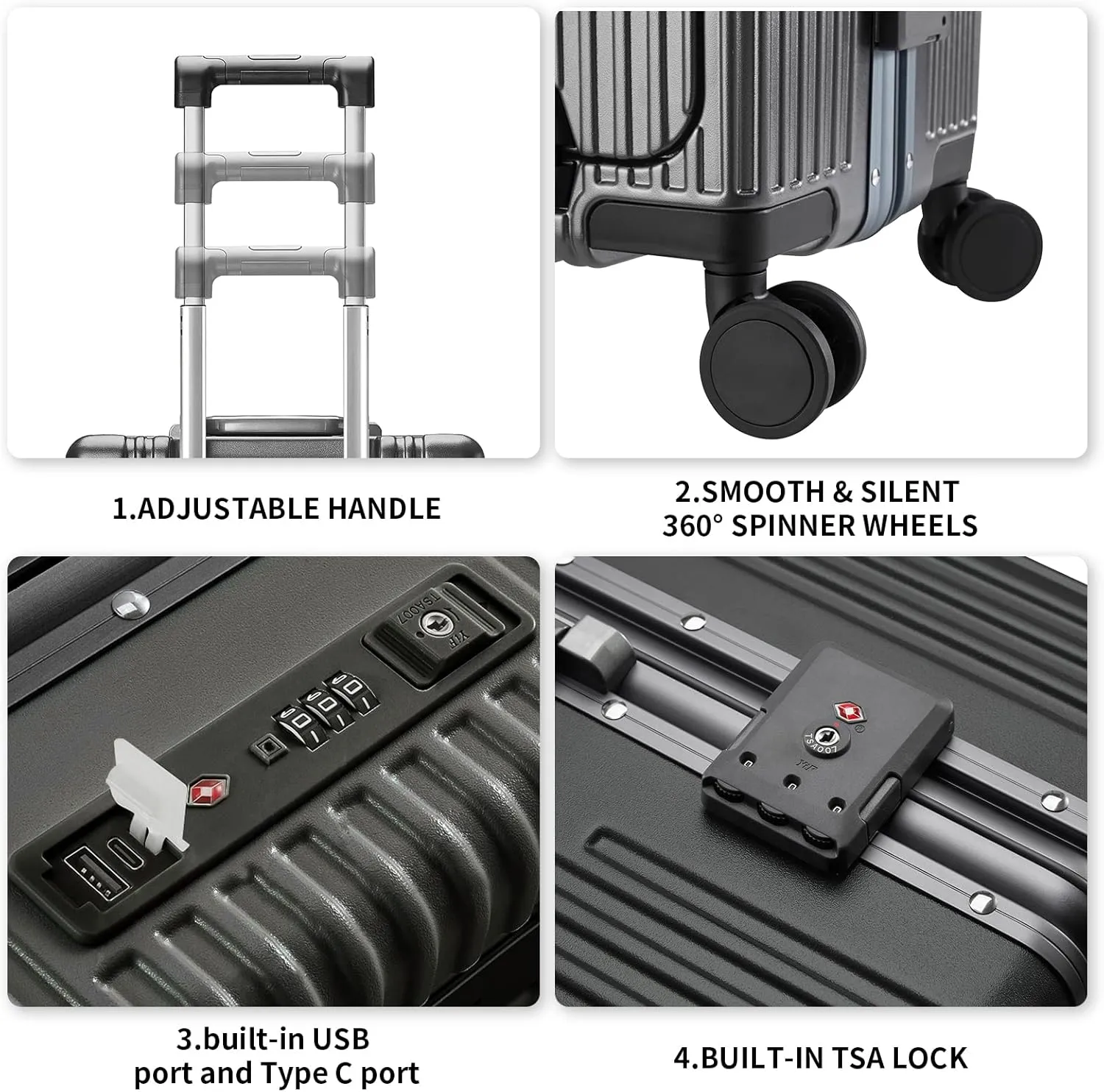 Versatile Aluminum Frame Carry-On Luggage with USB Charging Port, Front Compartment, TSA Lock, Airline Approved Carry On Hardside Suitcase with Spinner Wheels (Grey, 20inch)