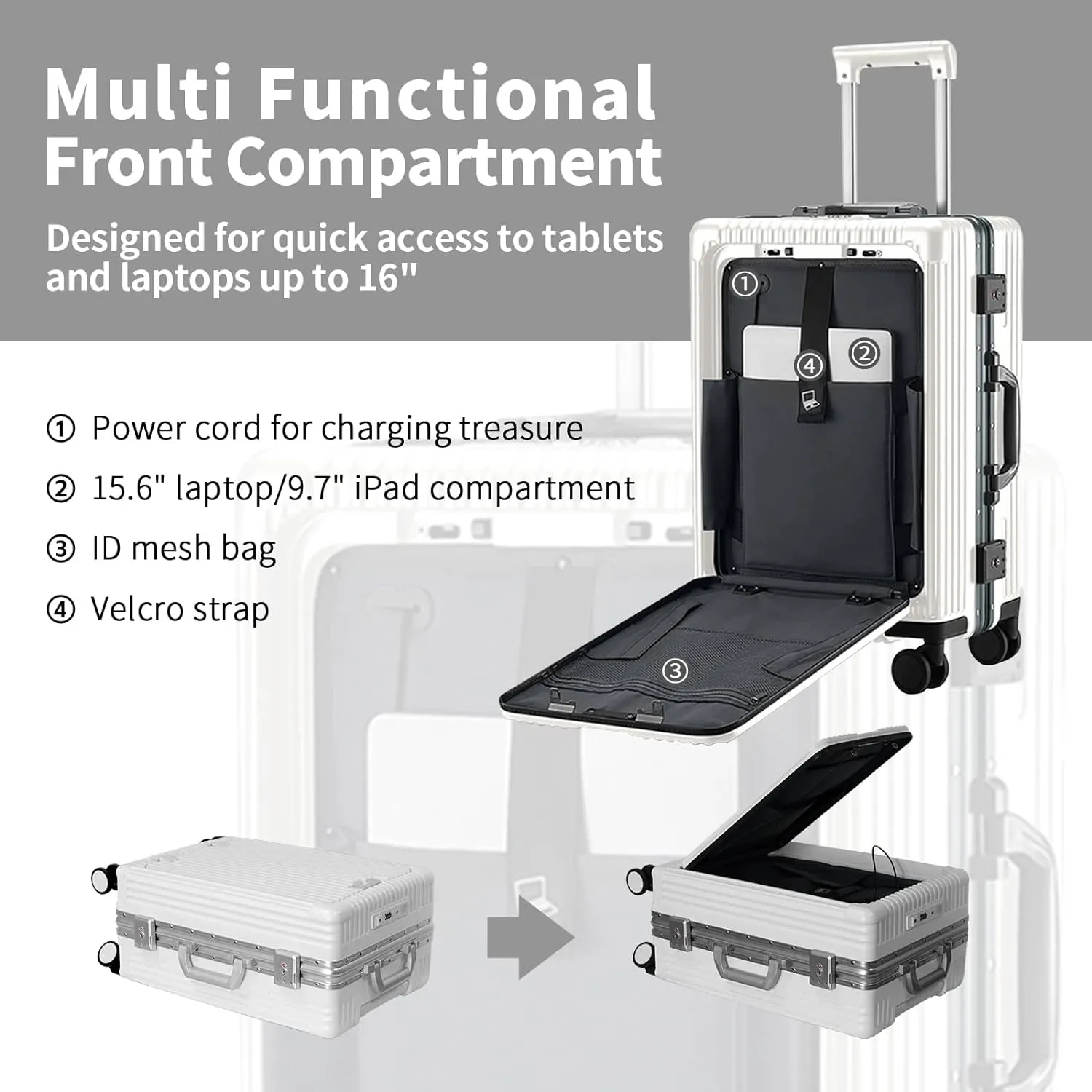 Versatile Aluminum Frame Carry-On Luggage with USB Charging Port, Front Compartment, TSA Lock, Airline Approved Carry On Hardside Suitcase with Spinner Wheels(White, 20-lnch)