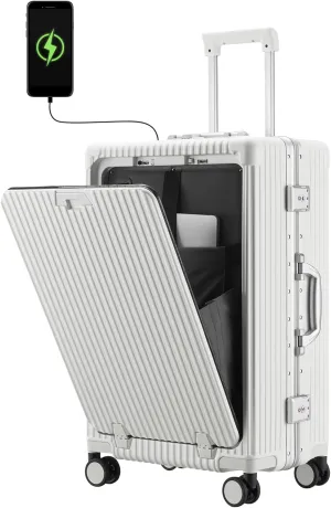 Versatile Aluminum Frame Carry-On Luggage with USB Charging Port, Front Compartment, TSA Lock, Airline Approved Carry On Hardside Suitcase with Spinner Wheels(White, 20-lnch)