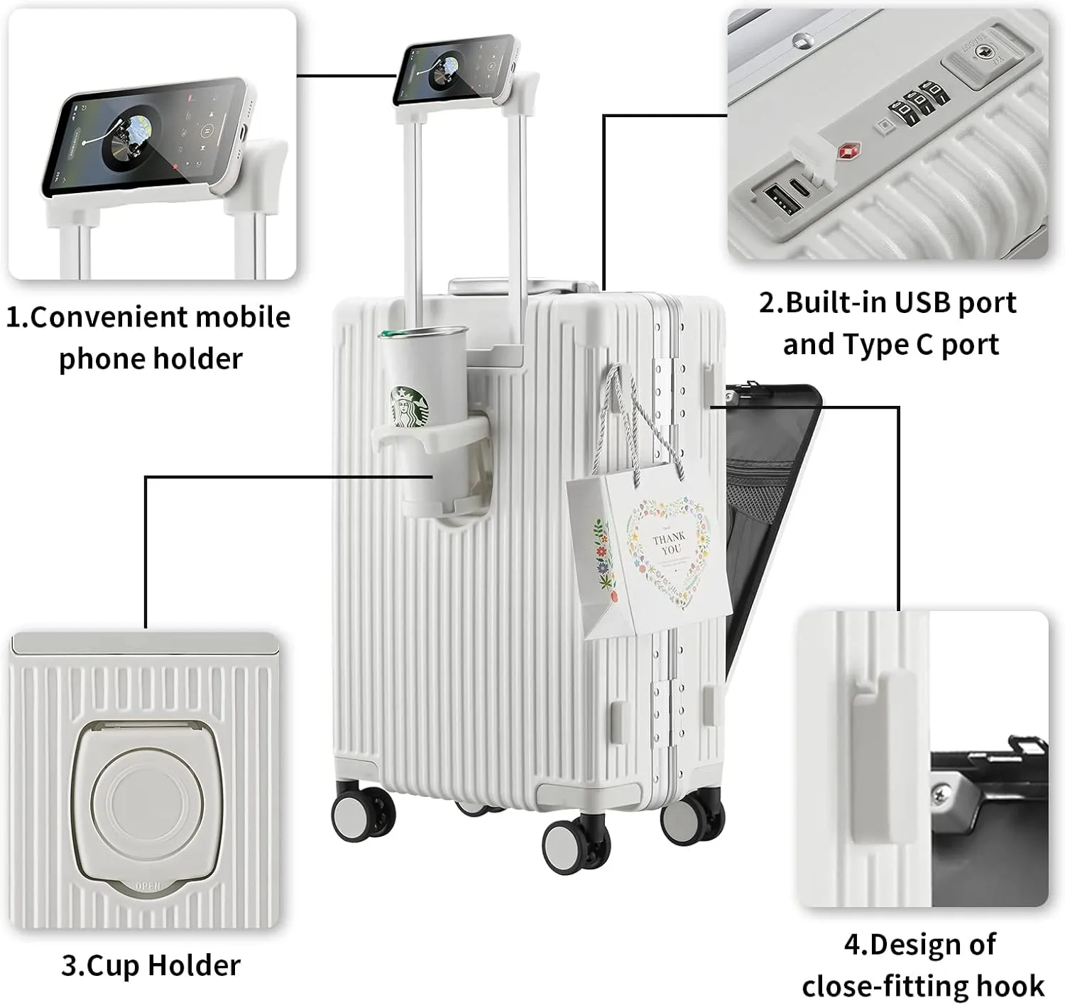 Versatile Aluminum Frame Carry-On Luggage with USB Charging Port, Front Compartment, TSA Lock, Airline Approved Carry On Hardside Suitcase with Spinner Wheels(White, 20-lnch)