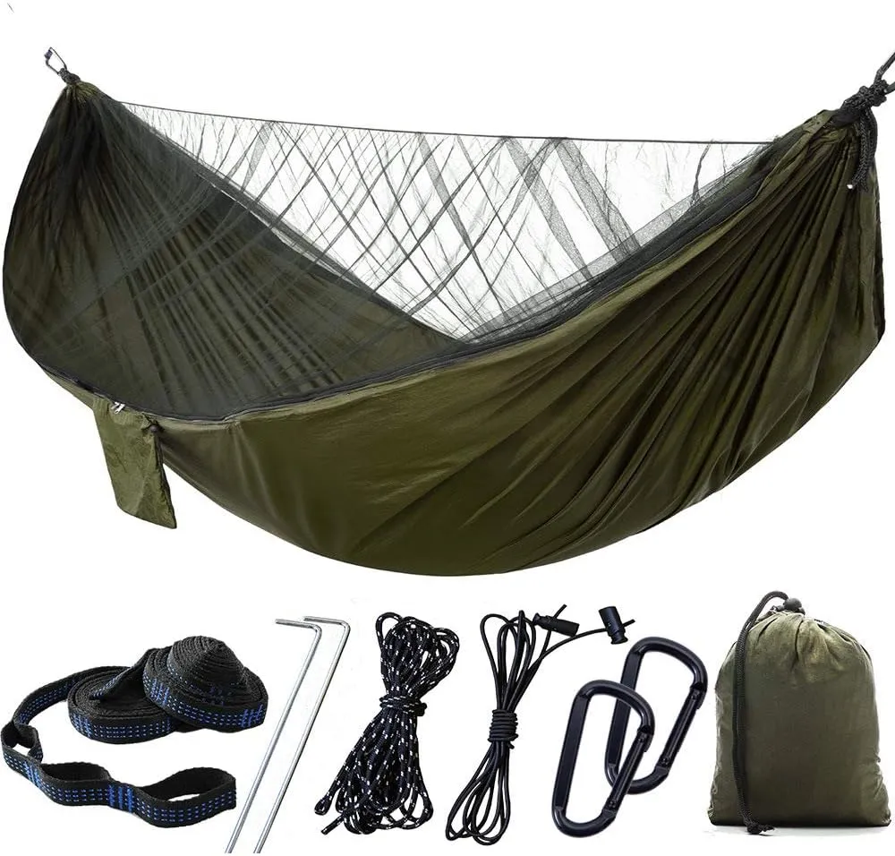 Versatile Bug Net Hammock Dual-Zip Design Lightweight Portable Netting Portable Camping Hammock Double Tree Hammock Outdoor Indoor Backpacking Travel & Survival (Army Green)