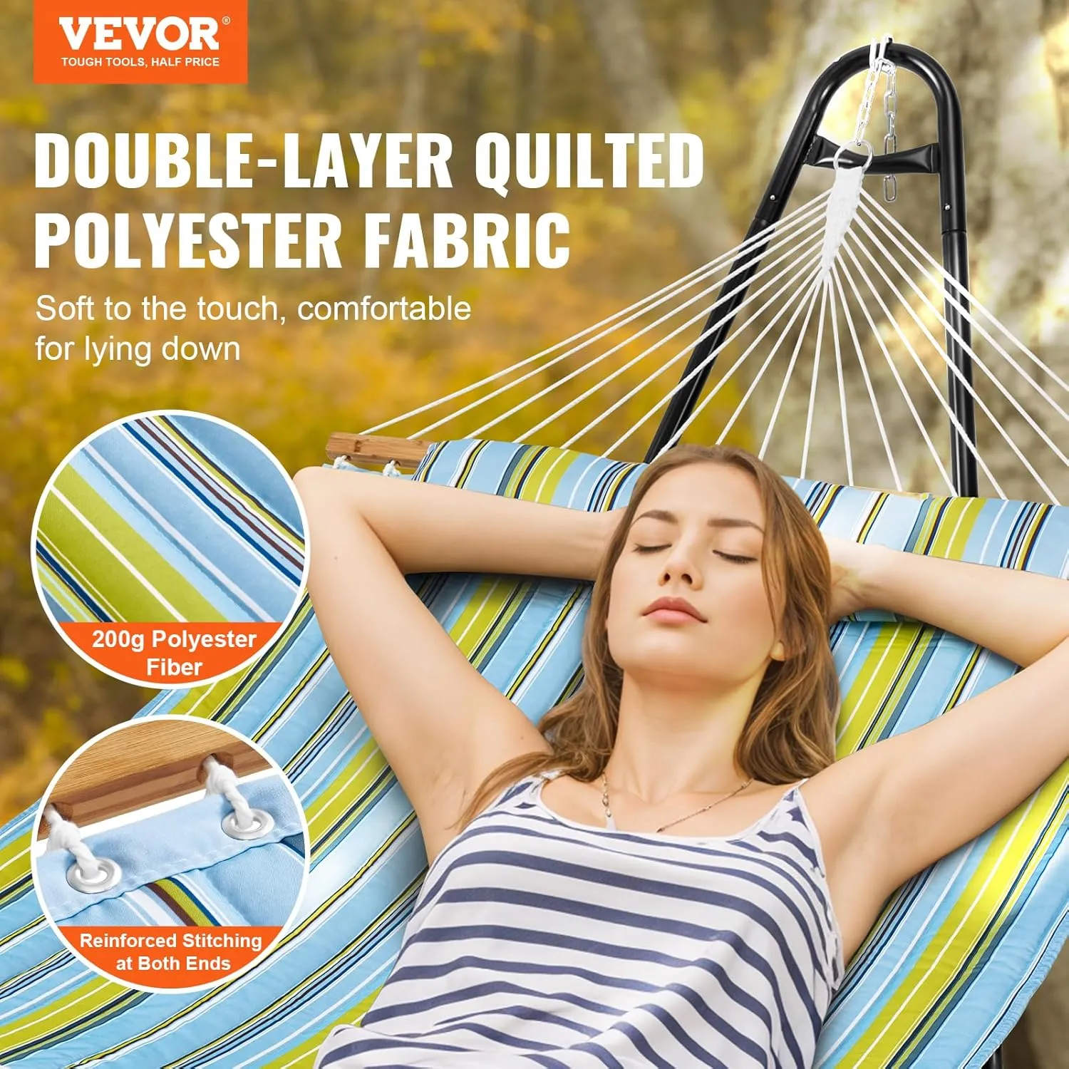 VEVOR Double Quilted Fabric Hammock with Universal Steel Stand, 2 Person Hammock with Stand, Detachable Pillow & Portable Bag 480lbs Capacity Free Standing Hammock for Outside, Patio, Garden, Beach