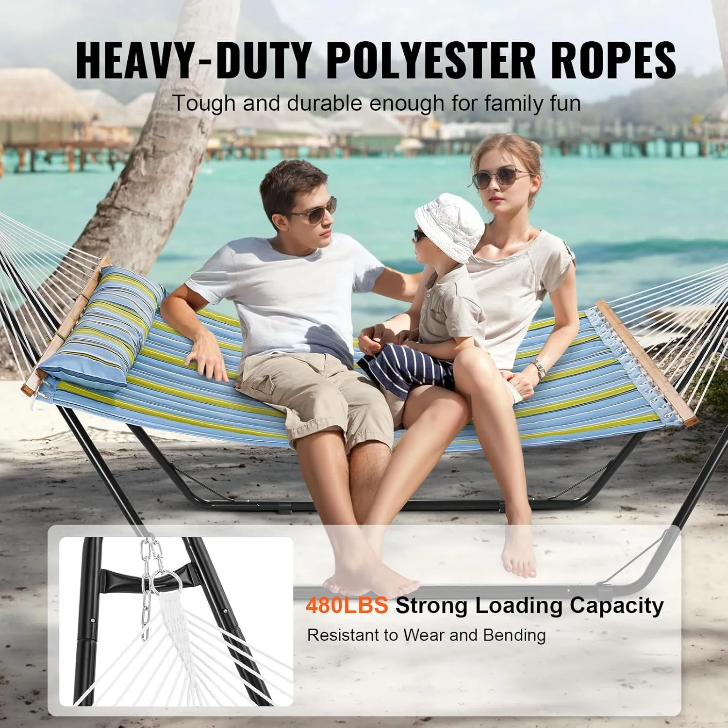 VEVOR Double Quilted Fabric Hammock with Universal Steel Stand, 2 Person Hammock with Stand, Detachable Pillow & Portable Bag 480lbs Capacity Free Standing Hammock for Outside, Patio, Garden, Beach