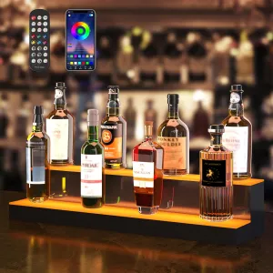VEVOR LED Lighted Liquor Bottle Display, 2 Tiers 30 Inches, Supports USB, Illuminated Home Bar Shelf with RF Remote & App Control 7 Static Colors 1-4 H Timing, Acrylic Lighted Shelf for 16 Bottles