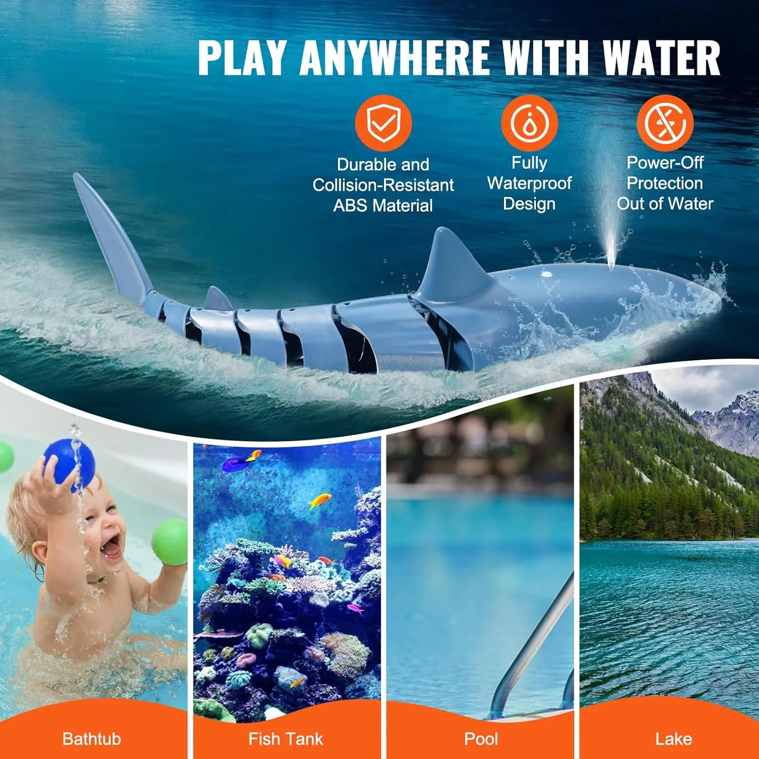 VEVOR Remote Control Shark Toy, 2.4GHz High Simulation Shark RC Boat for Swimming Pool Bathroom, Electric RC Fish Toy with 2 Batteries, Light & Spray Water Function for 6  Year Old Boys Girls