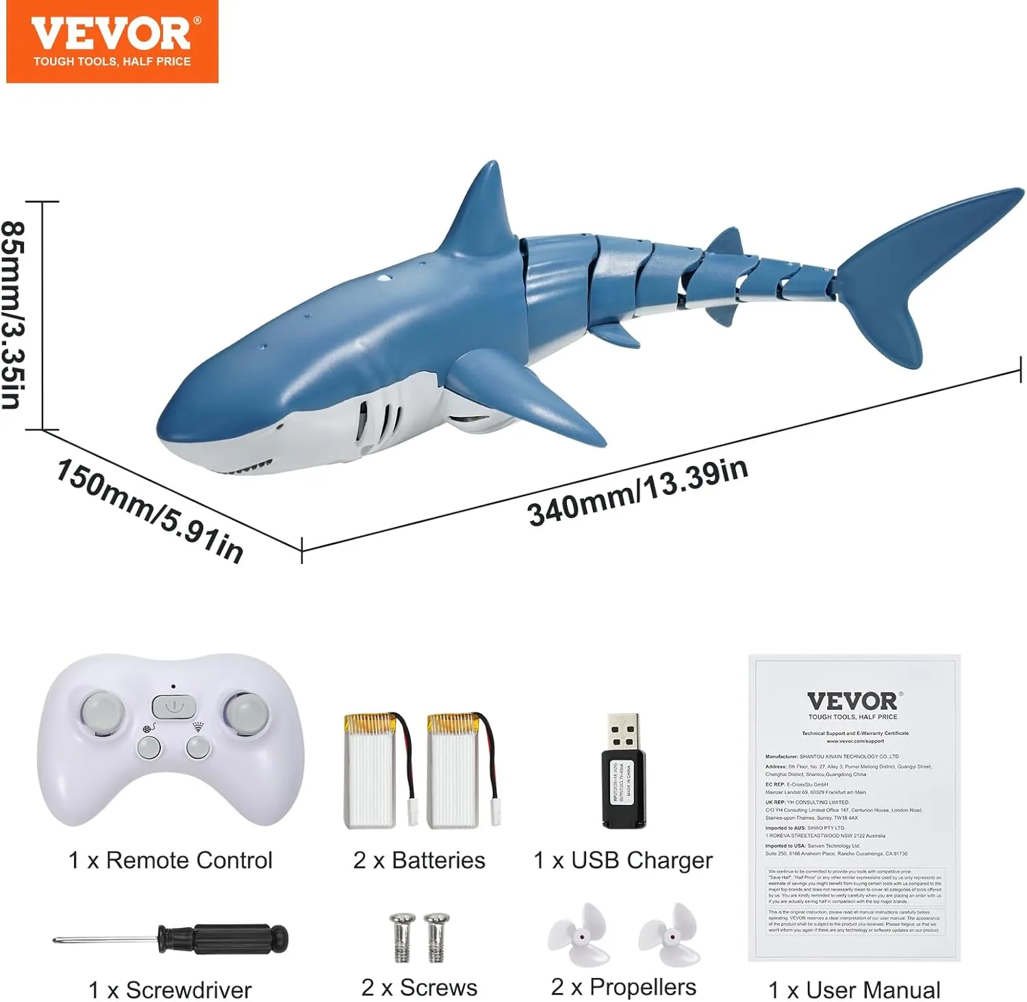 VEVOR Remote Control Shark Toy, 2.4GHz High Simulation Shark RC Boat for Swimming Pool Bathroom, Electric RC Fish Toy with 2 Batteries, Light & Spray Water Function for 6  Year Old Boys Girls