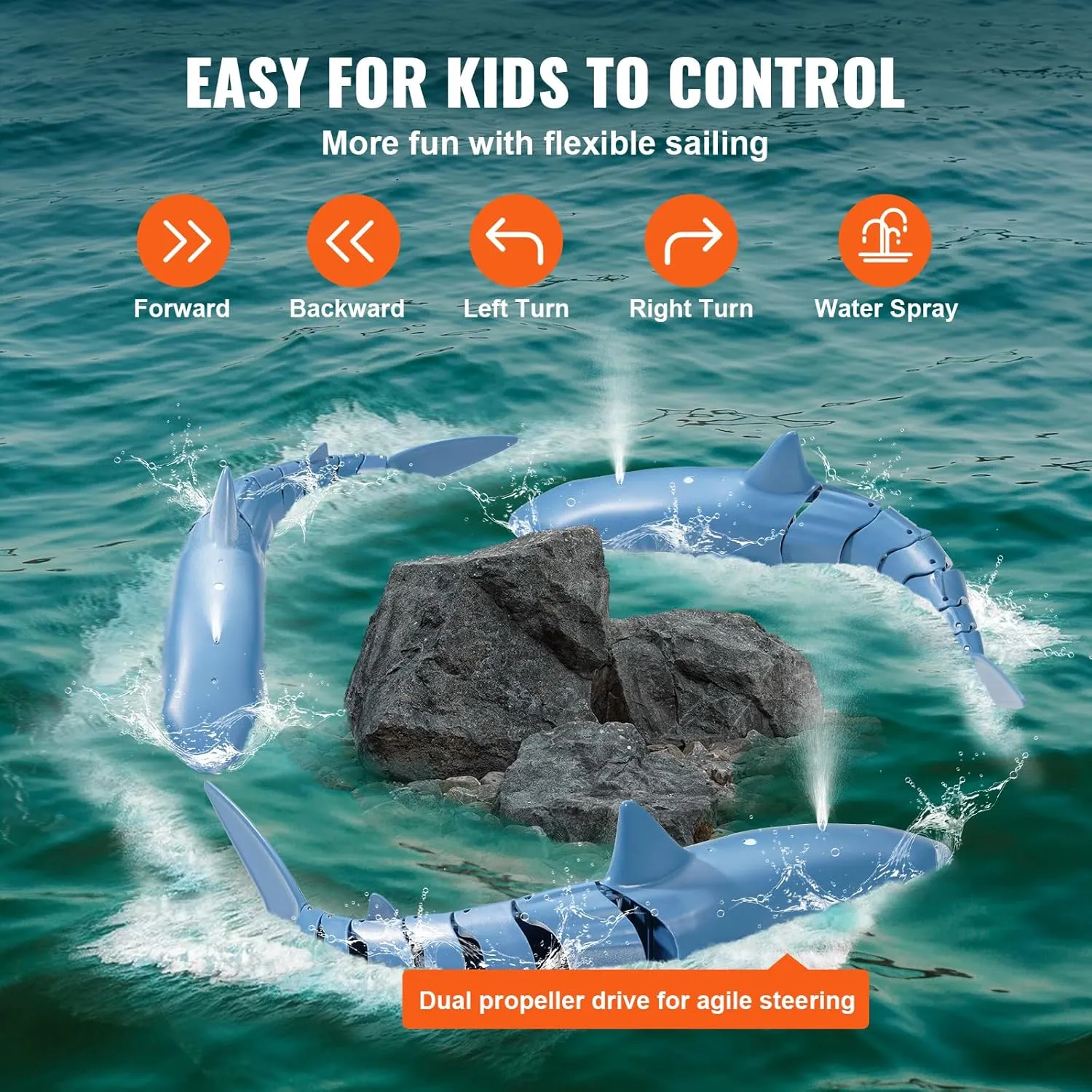 VEVOR Remote Control Shark Toy, 2.4GHz High Simulation Shark RC Boat for Swimming Pool Bathroom, Electric RC Fish Toy with 2 Batteries, Light & Spray Water Function for 6  Year Old Boys Girls