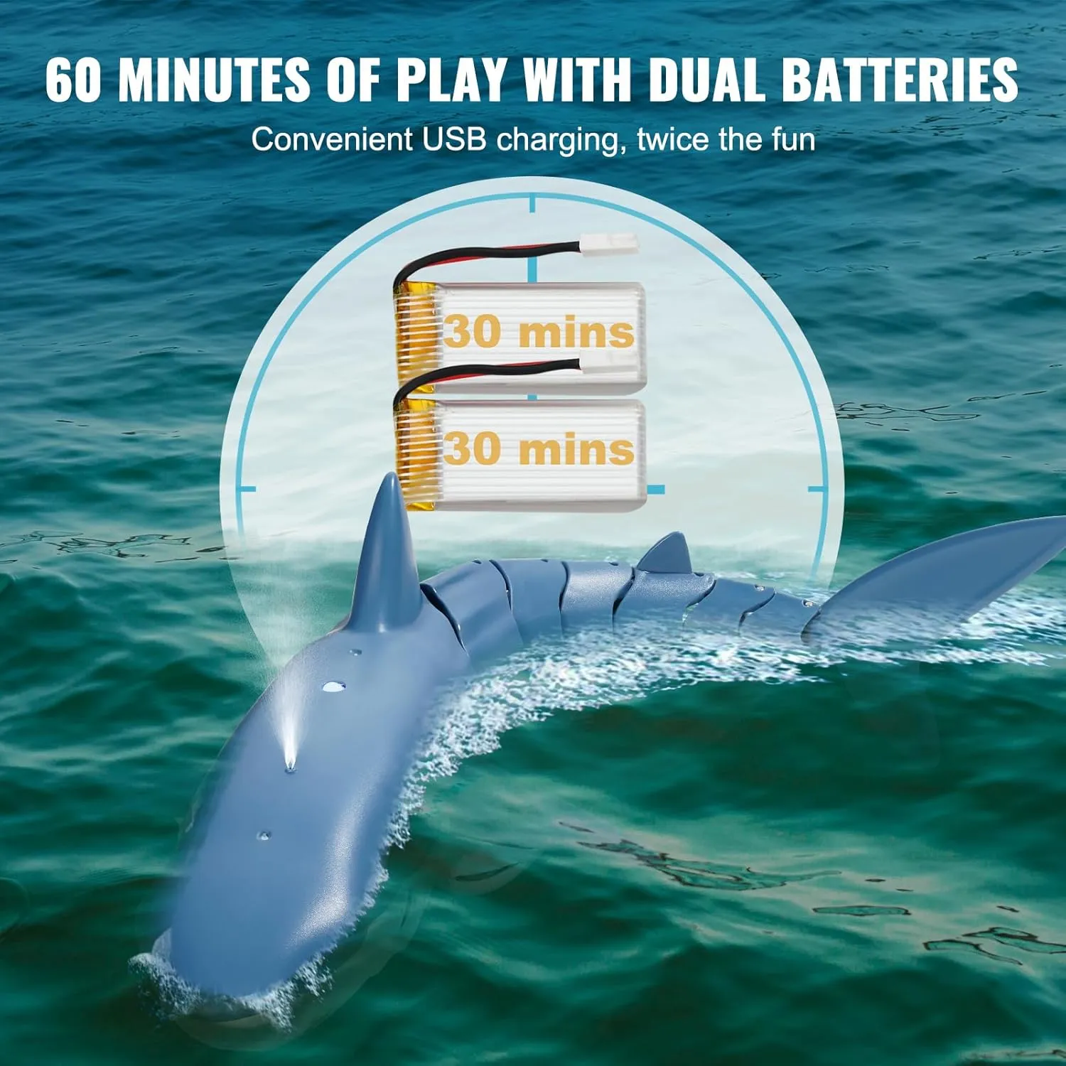VEVOR Remote Control Shark Toy, 2.4GHz High Simulation Shark RC Boat for Swimming Pool Bathroom, Electric RC Fish Toy with 2 Batteries, Light & Spray Water Function for 6  Year Old Boys Girls