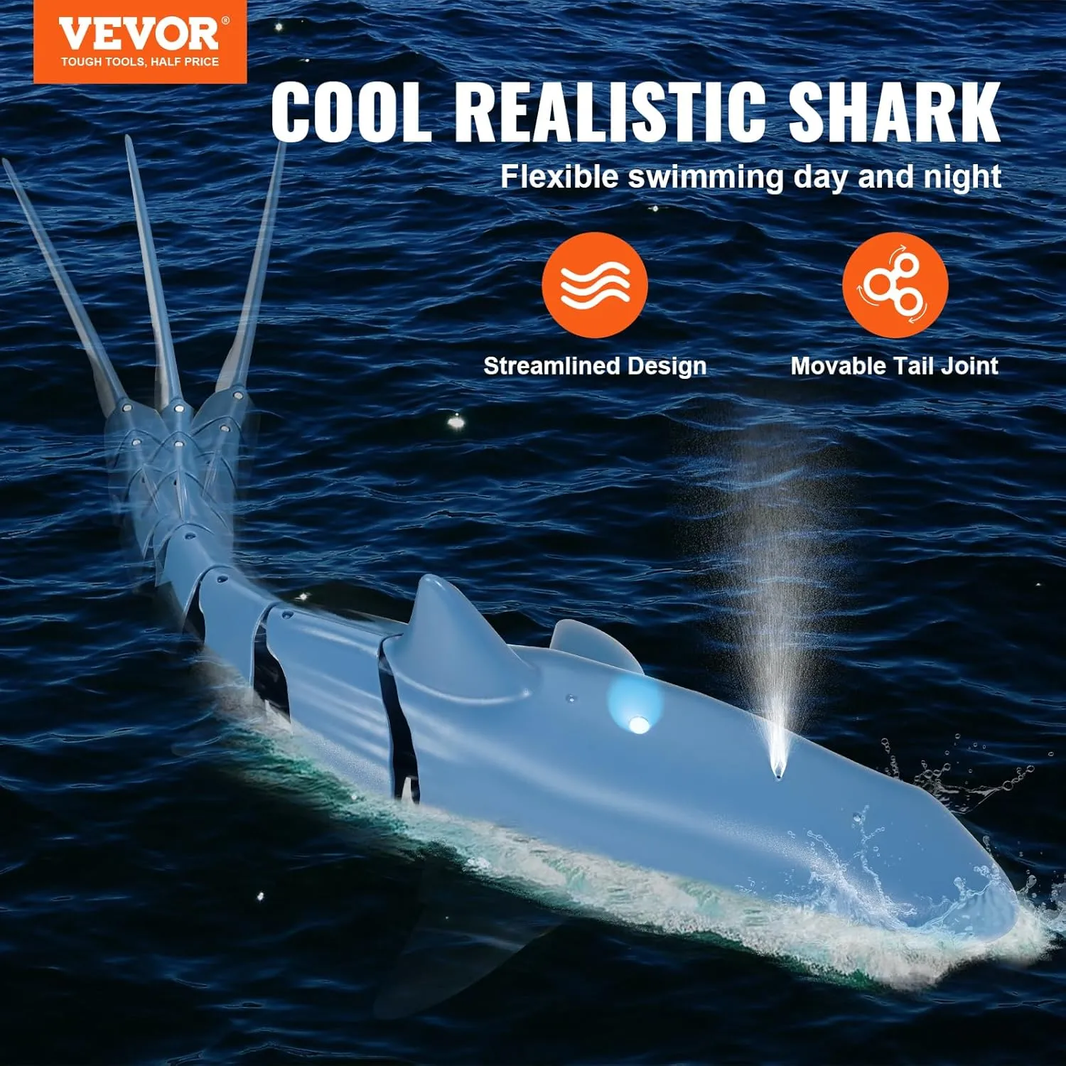 VEVOR Remote Control Shark Toy, 2.4GHz High Simulation Shark RC Boat for Swimming Pool Bathroom, Electric RC Fish Toy with 2 Batteries, Light & Spray Water Function for 6  Year Old Boys Girls