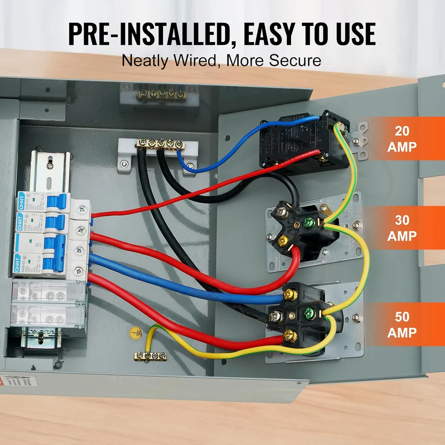 VEVOR Temporary Power Outlet Panel, Weatherproof RV Electrical Breaker Box with a 20/30/50 Amp Receptacle Installed, Prewired Circuit NEMA 14-50R/NEMA TT-30R / 20A GFCI for RV Camper Trailer Motorhome