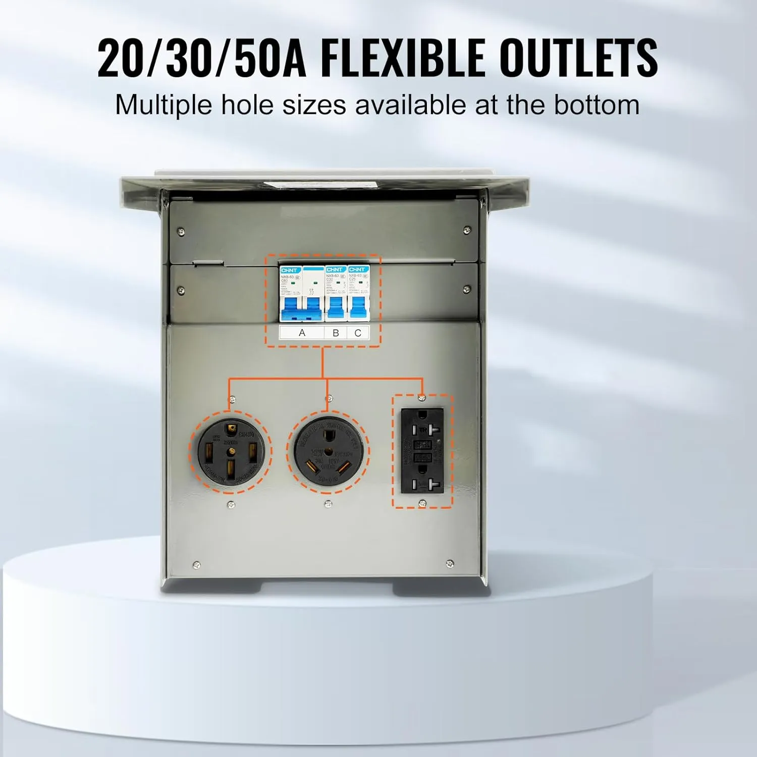 VEVOR Temporary Power Outlet Panel, Weatherproof RV Electrical Breaker Box with a 20/30/50 Amp Receptacle Installed, Prewired Circuit NEMA 14-50R/NEMA TT-30R / 20A GFCI for RV Camper Trailer Motorhome