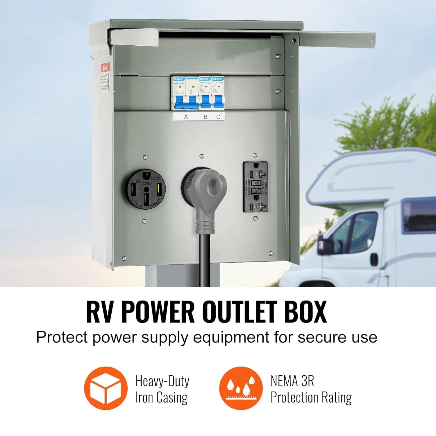 VEVOR Temporary Power Outlet Panel, Weatherproof RV Electrical Breaker Box with a 20/30/50 Amp Receptacle Installed, Prewired Circuit NEMA 14-50R/NEMA TT-30R / 20A GFCI for RV Camper Trailer Motorhome