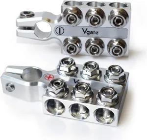 Vgate Lead Acid Battery Terminal Clamps, 8AWG up to 4/0(XL) AWG Gauge, 12-Way Connectors, Positive and Negative ( /-)(Pair) for SAE/DIN/EN Tapered Top Post