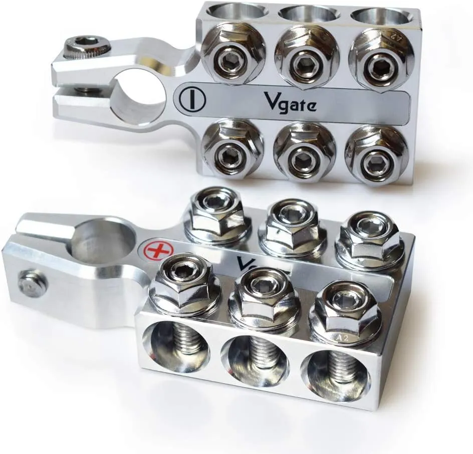 Vgate Lead Acid Battery Terminal Clamps, 8AWG up to 4/0(XL) AWG Gauge, 12-Way Connectors, Positive and Negative ( /-)(Pair) for SAE/DIN/EN Tapered Top Post