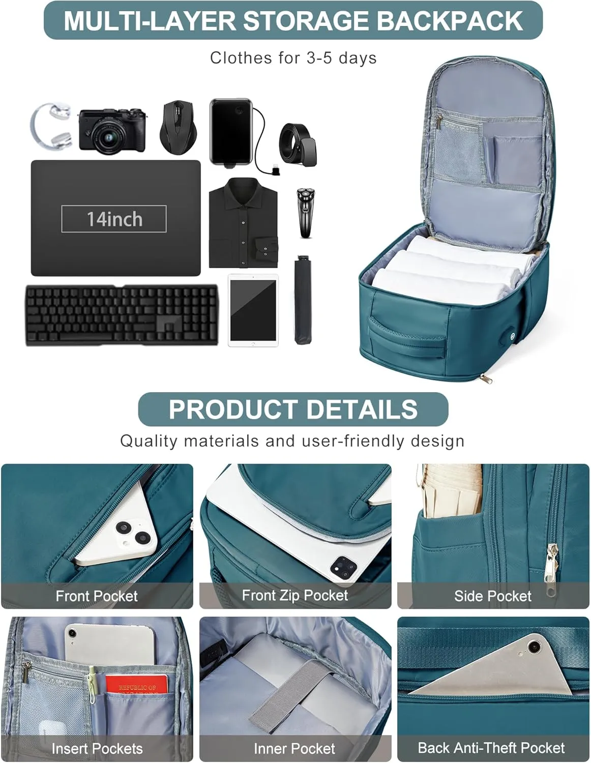 VGCUB Large Travel Backpack,Waterproof Laptop Carry on Backpack Purse for Women Men,Gym Hiking Backpack Personal Item Size Casual Daypack Work Business Backpack With USB Charging Port,Peacock Blue