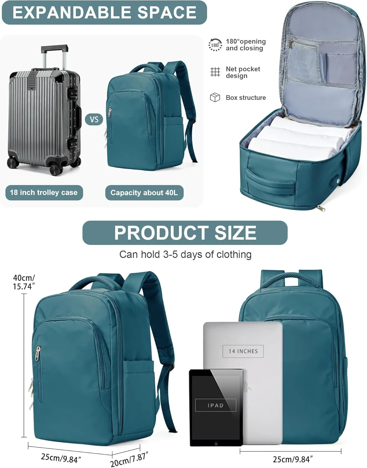 VGCUB Large Travel Backpack,Waterproof Laptop Carry on Backpack Purse for Women Men,Gym Hiking Backpack Personal Item Size Casual Daypack Work Business Backpack With USB Charging Port,Peacock Blue