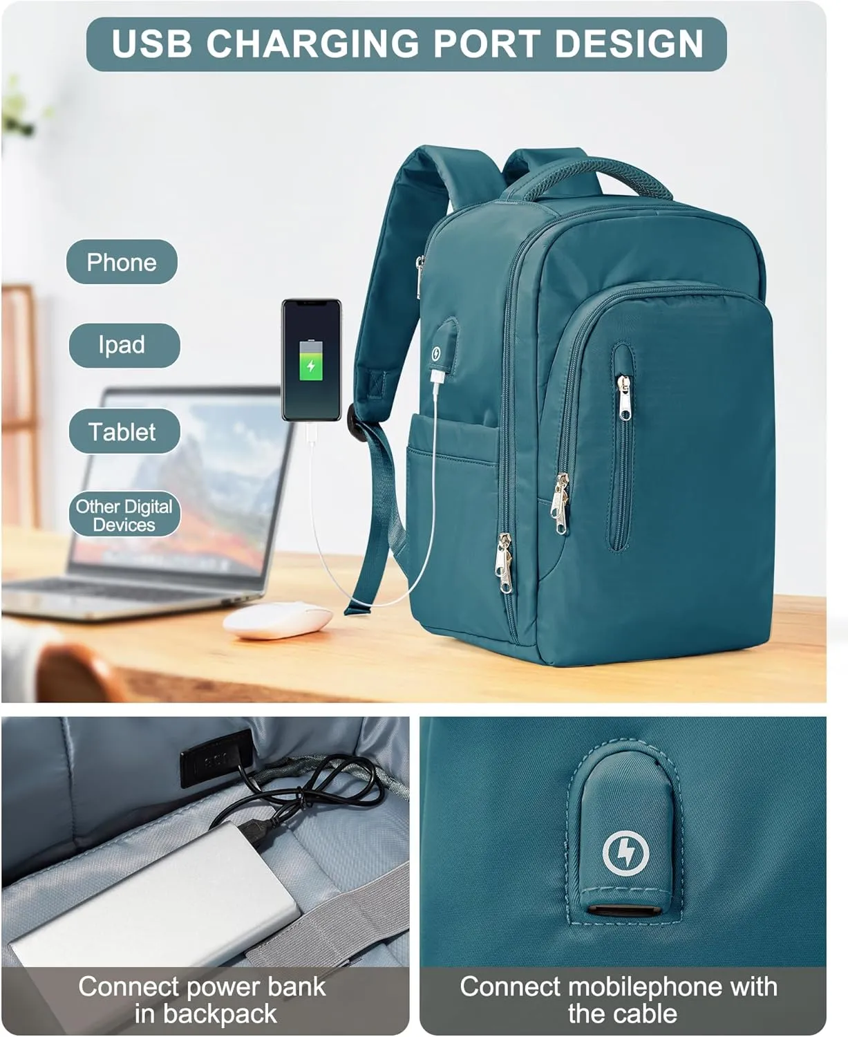 VGCUB Large Travel Backpack,Waterproof Laptop Carry on Backpack Purse for Women Men,Gym Hiking Backpack Personal Item Size Casual Daypack Work Business Backpack With USB Charging Port,Peacock Blue
