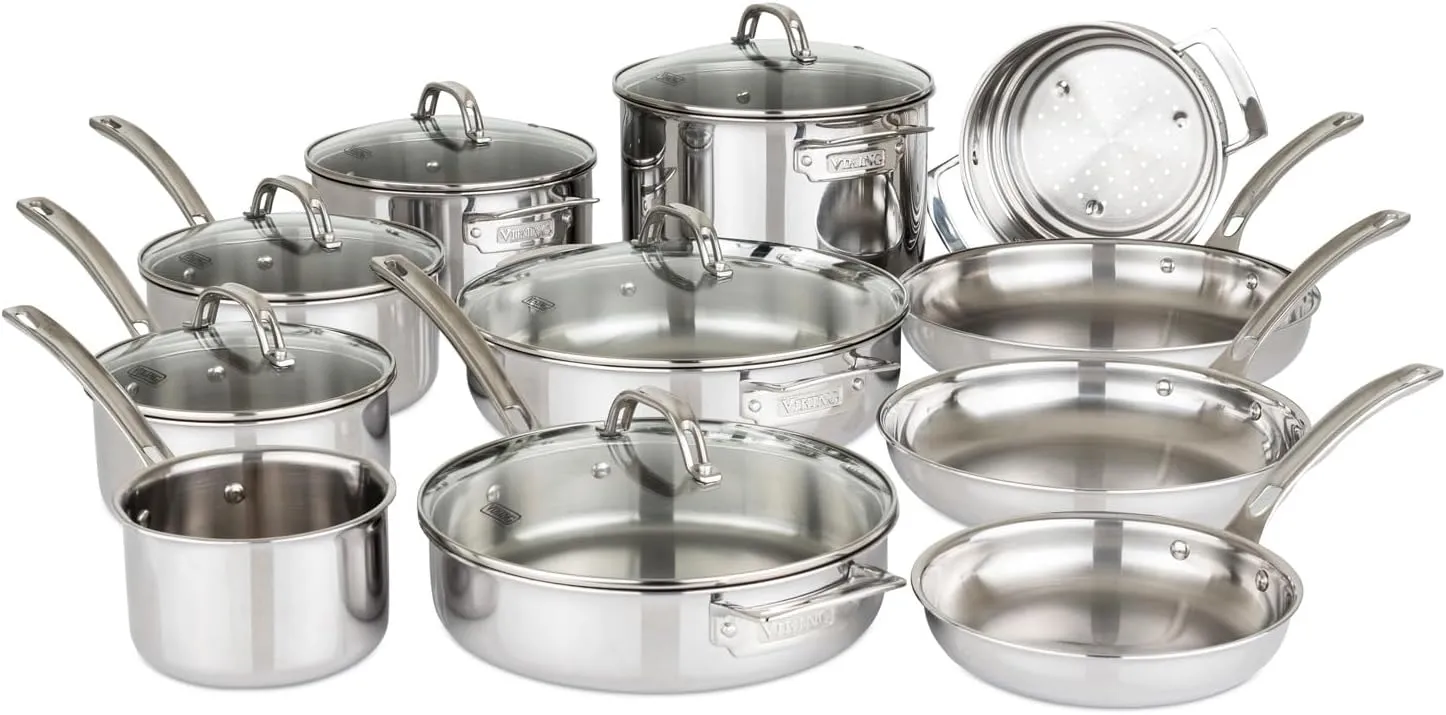Viking 3-Ply Pots and Pans Set, 17 Piece Stainless Steel Cookware Glass Lids, Steamer Insert, Silver
