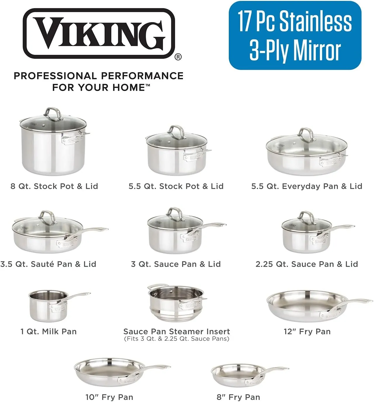 Viking 3-Ply Pots and Pans Set, 17 Piece Stainless Steel Cookware Glass Lids, Steamer Insert, Silver