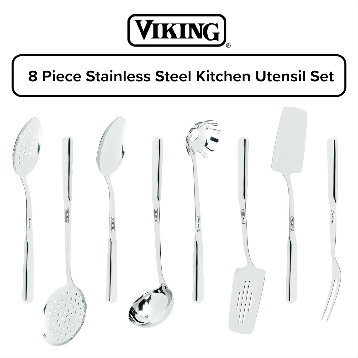 Viking Kitchen Utensils Set, 8 Piece Stainless Steel Cooking Utensil Set, Includes Spatulas, Spoons, Pasta Fork, Deep Ladle, Meat Fork, and Skimmer, Silver
