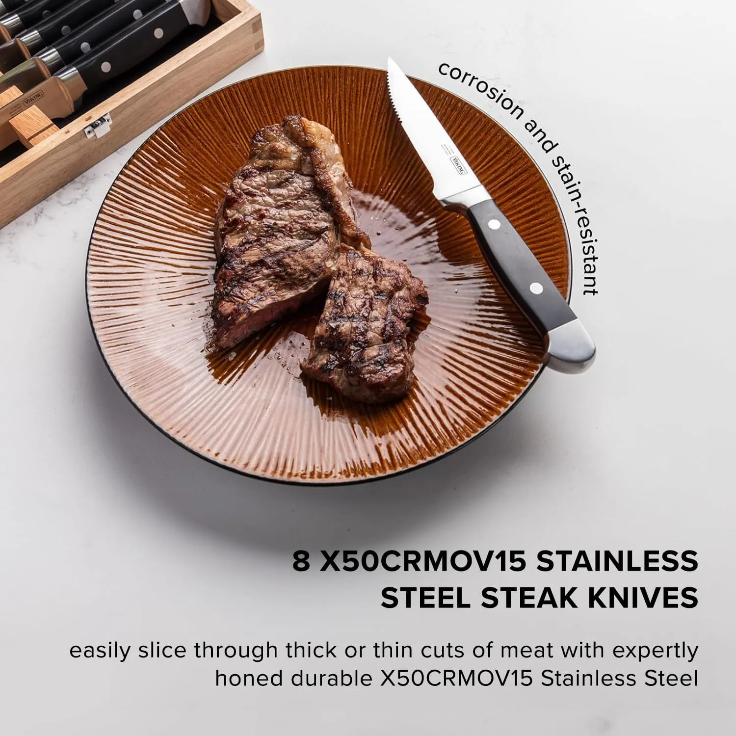 Viking Steak Knife Set, 8 Piece Stainless Steel Kitchen Knives Set with ABS Polymer Handles, Includes Wooden Gift Box, Hand Wash Only, Black