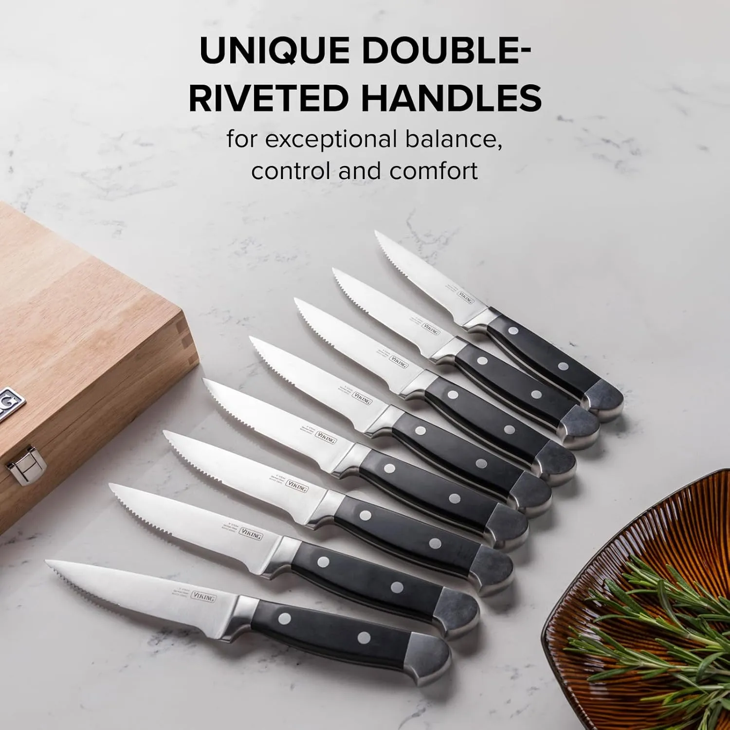 Viking Steak Knife Set, 8 Piece Stainless Steel Kitchen Knives Set with ABS Polymer Handles, Includes Wooden Gift Box, Hand Wash Only, Black