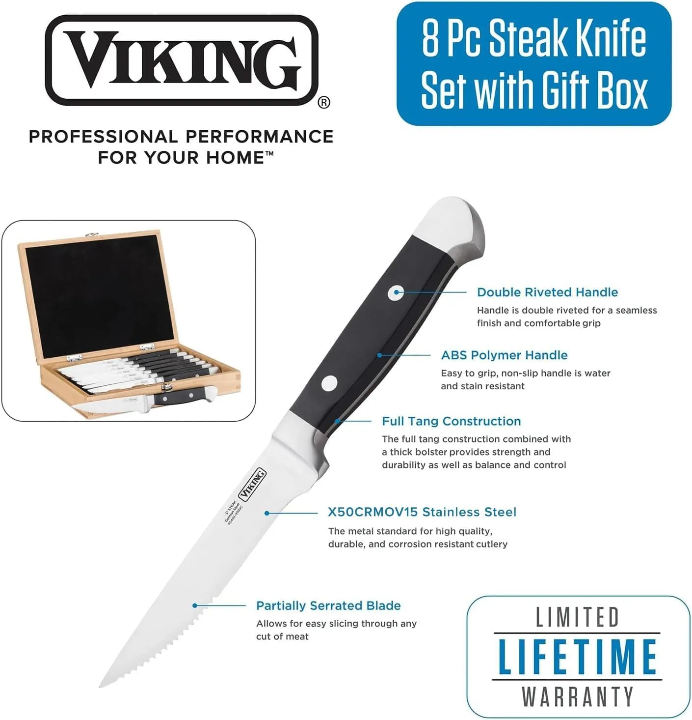 Viking Steak Knife Set, 8 Piece Stainless Steel Kitchen Knives Set with ABS Polymer Handles, Includes Wooden Gift Box, Hand Wash Only, Black
