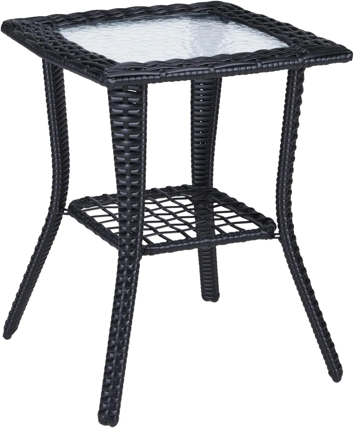 VINGLI Outdoor Side Table with Storage Wicker Patio Side Table, Tempered Glass Top End Table for Balcony Porch Deck (Black)