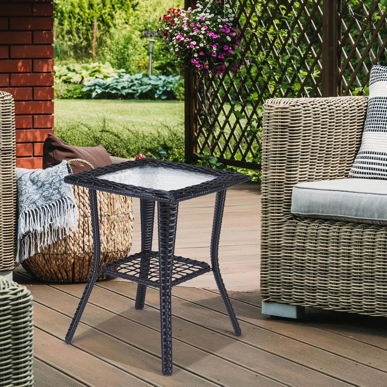 VINGLI Outdoor Side Table with Storage Wicker Patio Side Table, Tempered Glass Top End Table for Balcony Porch Deck (Black)