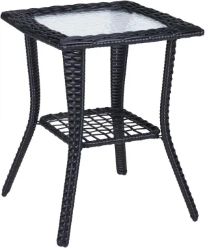 VINGLI Outdoor Side Table with Storage Wicker Patio Side Table, Tempered Glass Top End Table for Balcony Porch Deck (Black)