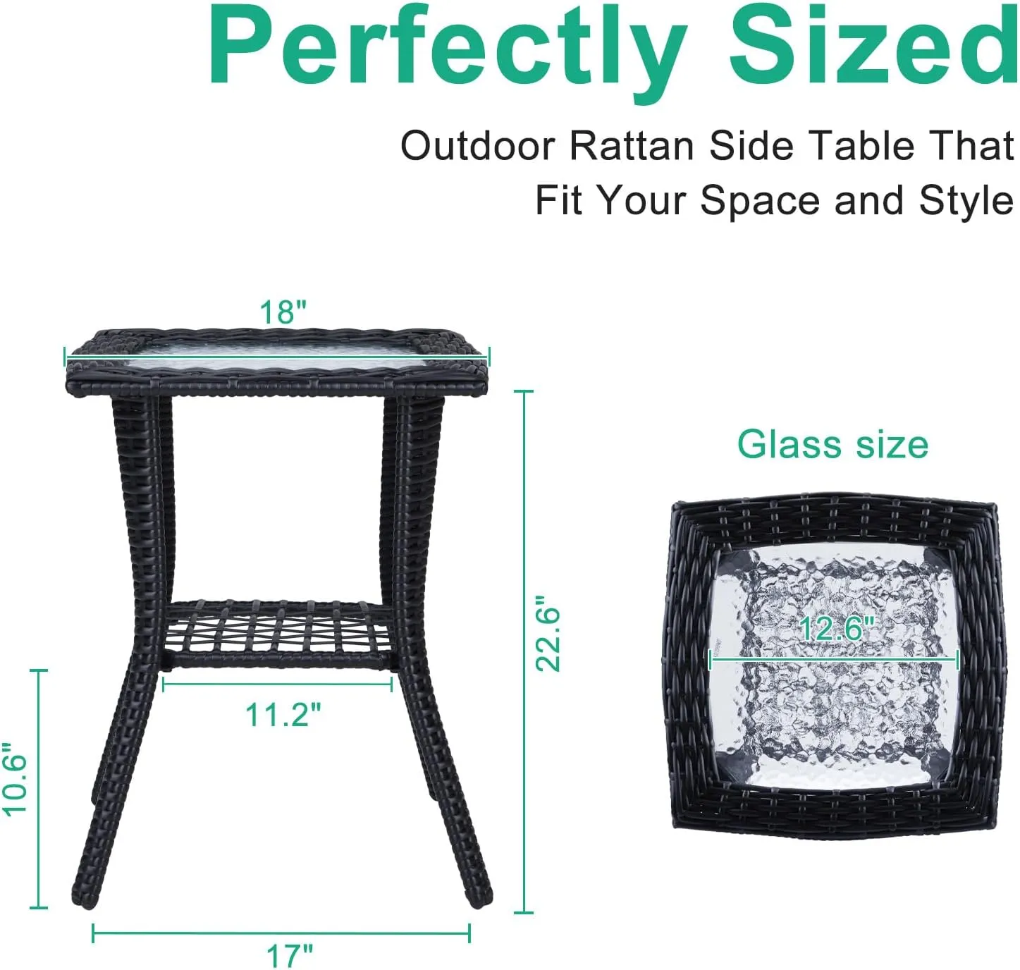VINGLI Outdoor Side Table with Storage Wicker Patio Side Table, Tempered Glass Top End Table for Balcony Porch Deck (Black)