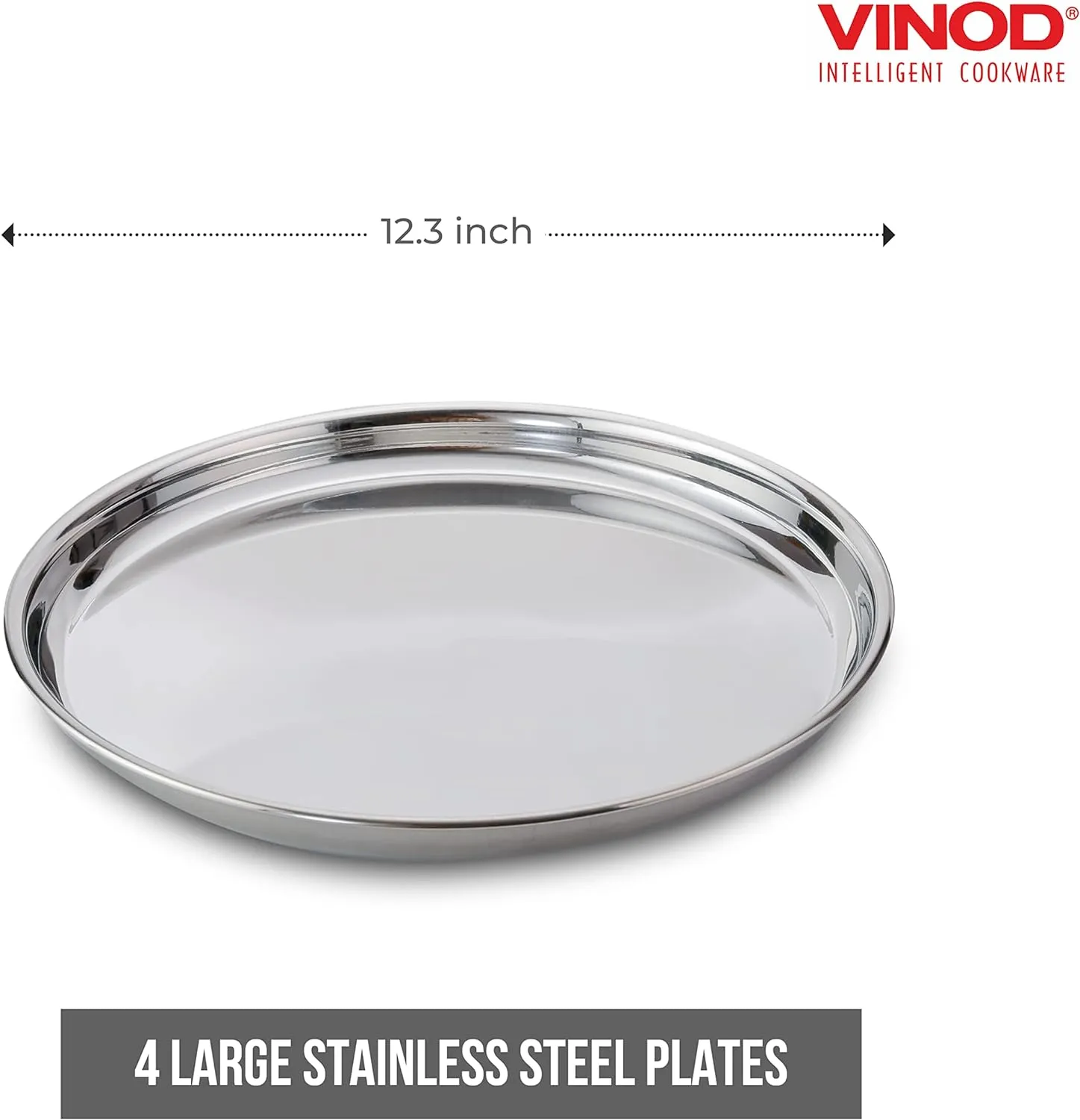 Vinod Mix Dinner Plate Set | 2 12’’ Plates & 2 10’’ Plates | Ideal For Indian Household | Dishwasher Safe | Silver-Finish | Stainless Steel | Eco-Friendly Tableware | Corrosion-Resistant | Pack of 4