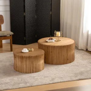 Vintage Fashion Cylindrical Nesting Coffee Table Set of 2 – Textured Embossed Design for Living Room, Office & Dining Room – Natural Finish