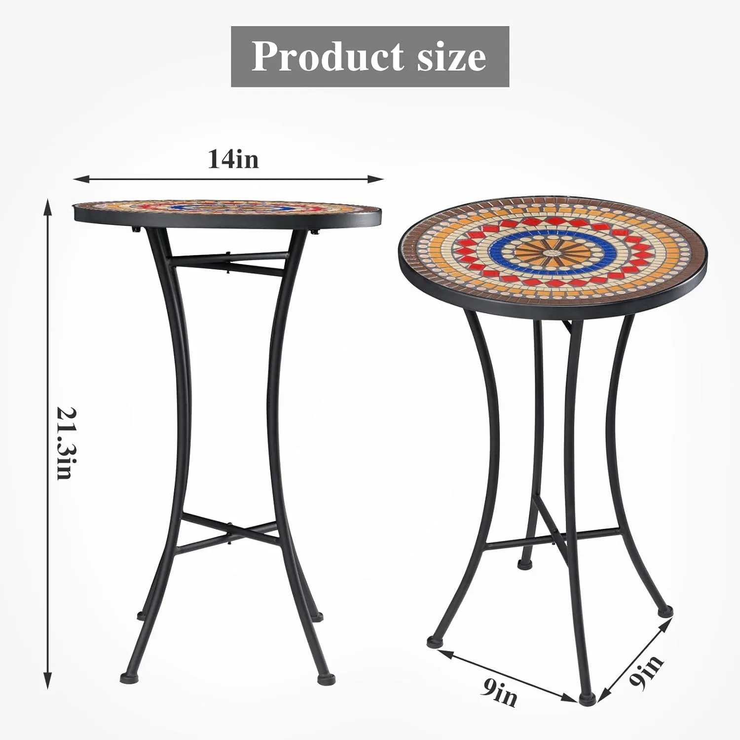 Vipush Mosaic Outdoor Side Table, 14" Round Folding Plant Stand for Patio Garden Backyard Balcony Porch Indoor Accent End Table for Living Room, Ceramic Tabletop with Black Iron, Brown & Red