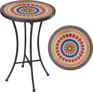 Vipush Mosaic Outdoor Side Table, 14" Round Folding Plant Stand for Patio Garden Backyard Balcony Porch Indoor Accent End Table for Living Room, Ceramic Tabletop with Black Iron, Brown & Red
