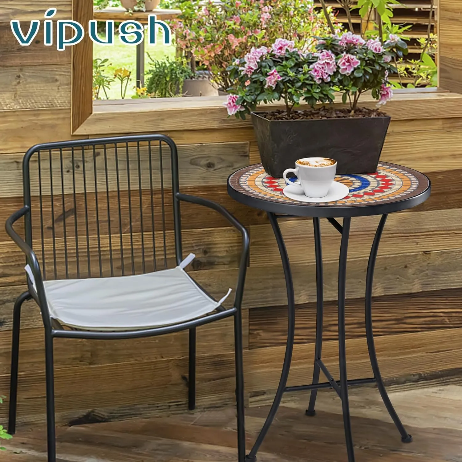Vipush Mosaic Outdoor Side Table, 14" Round Folding Plant Stand for Patio Garden Backyard Balcony Porch Indoor Accent End Table for Living Room, Ceramic Tabletop with Black Iron, Brown & Red