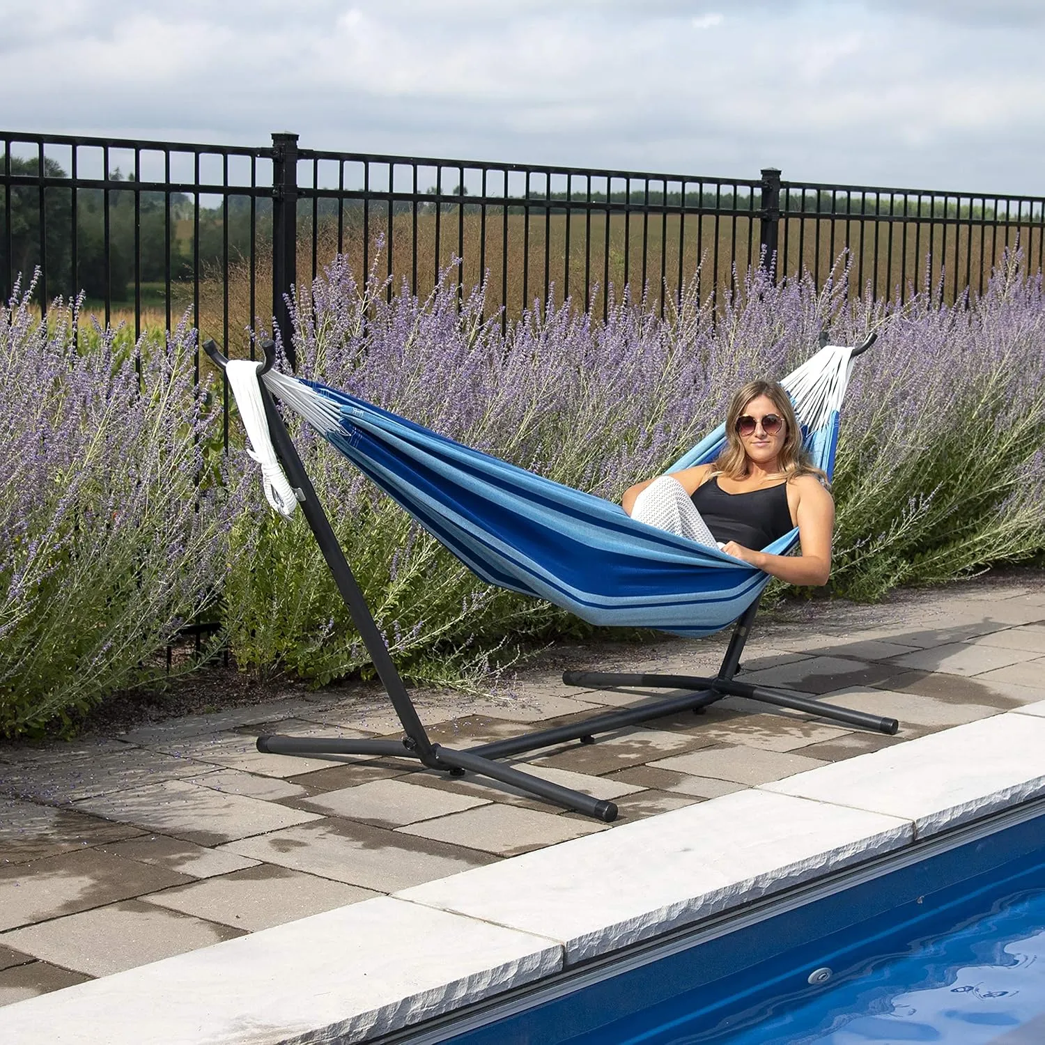 Vivere Double Cotton Hammock with Space Saving Steel Stand, Upgraded Polyester End Strings 450 lb Capacity - Premium Carry Bag Included - USA Grown Cotton (Island Breeze)