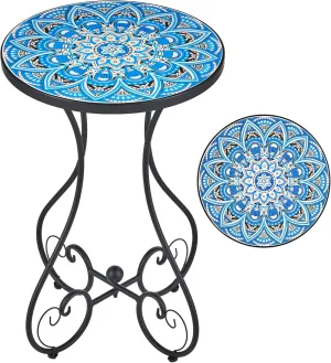 VONLUCE Outdoor Side Table and Mosaic Plant Stand, 21" Round End Table with 14" Ceramic Tile Top for Patio Porch Decor, Indoor & Outdoor Accent Table, Small Coffee Table for Home Garden, Blue Mandala